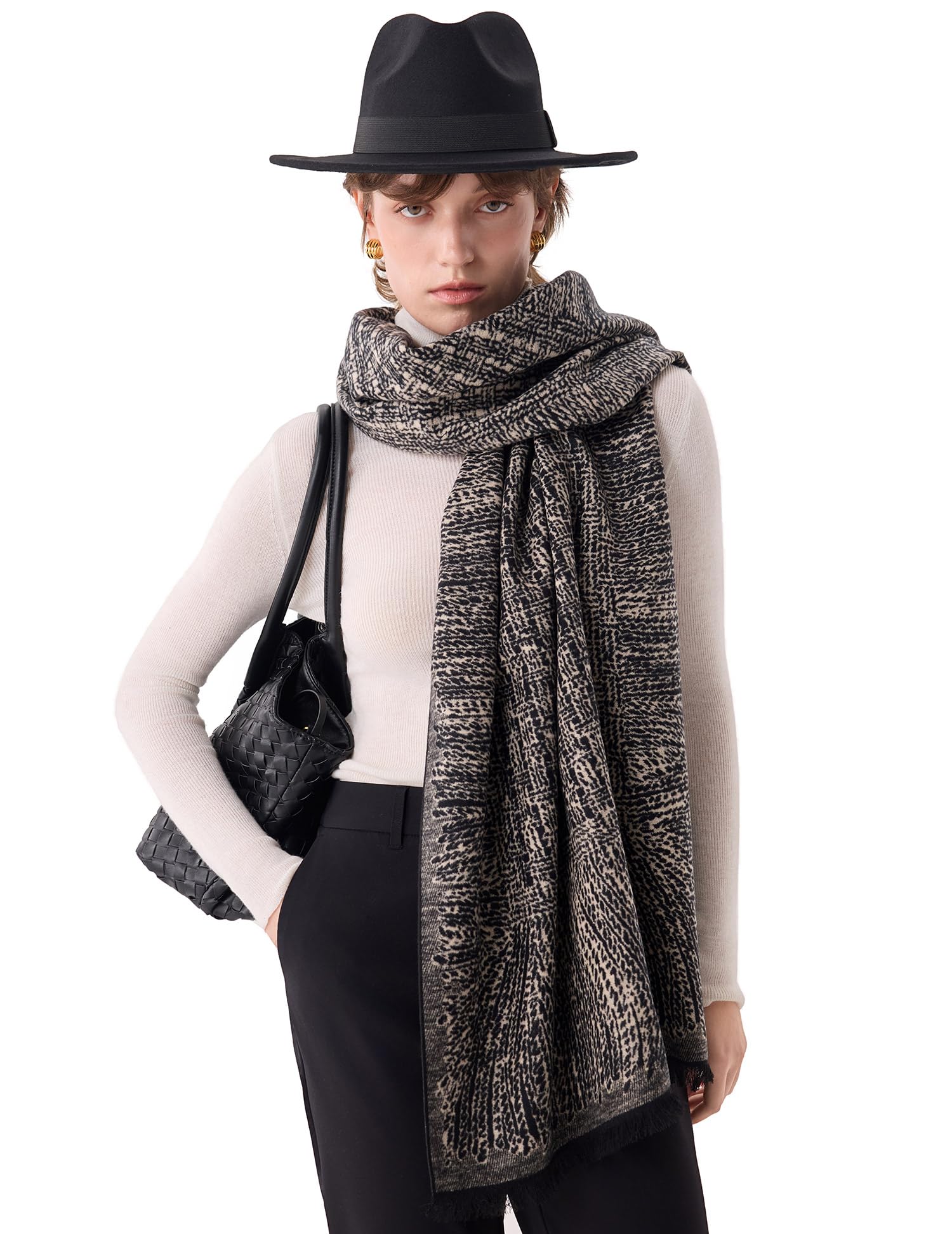 Cloud Stairs Black Silk Scarf – 100% Mulberry Silk, Jacquard
