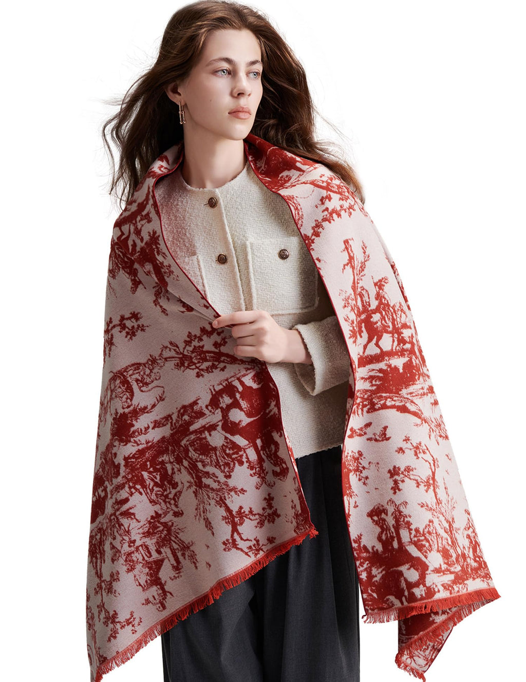 Delicate Dream Red Silk Scarf – 100% Mulberry Silk, Jacquard Reversible, 71"x24"
