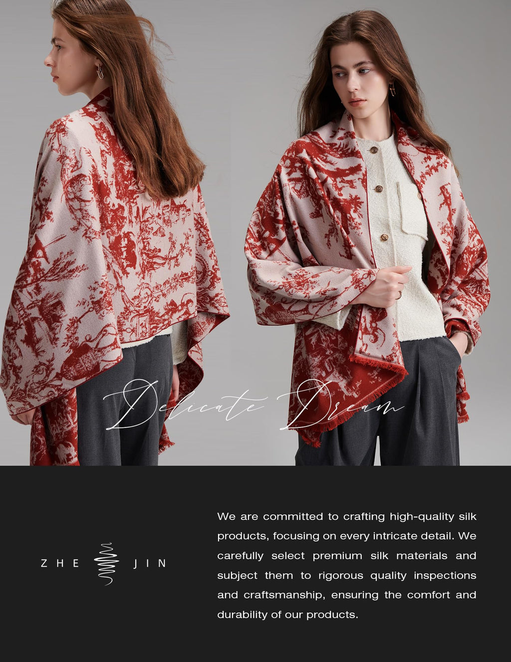 Delicate Dream Red Silk Scarf – 100% Mulberry Silk, Jacquard Reversible, 71"x24"