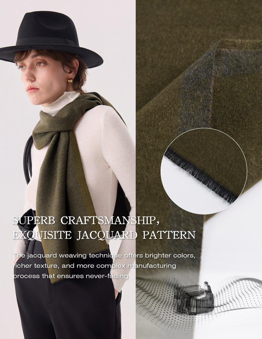 Green Jacquard Silk Scarf – 100% Mulberry Silk, Gentleman, 71"x12"