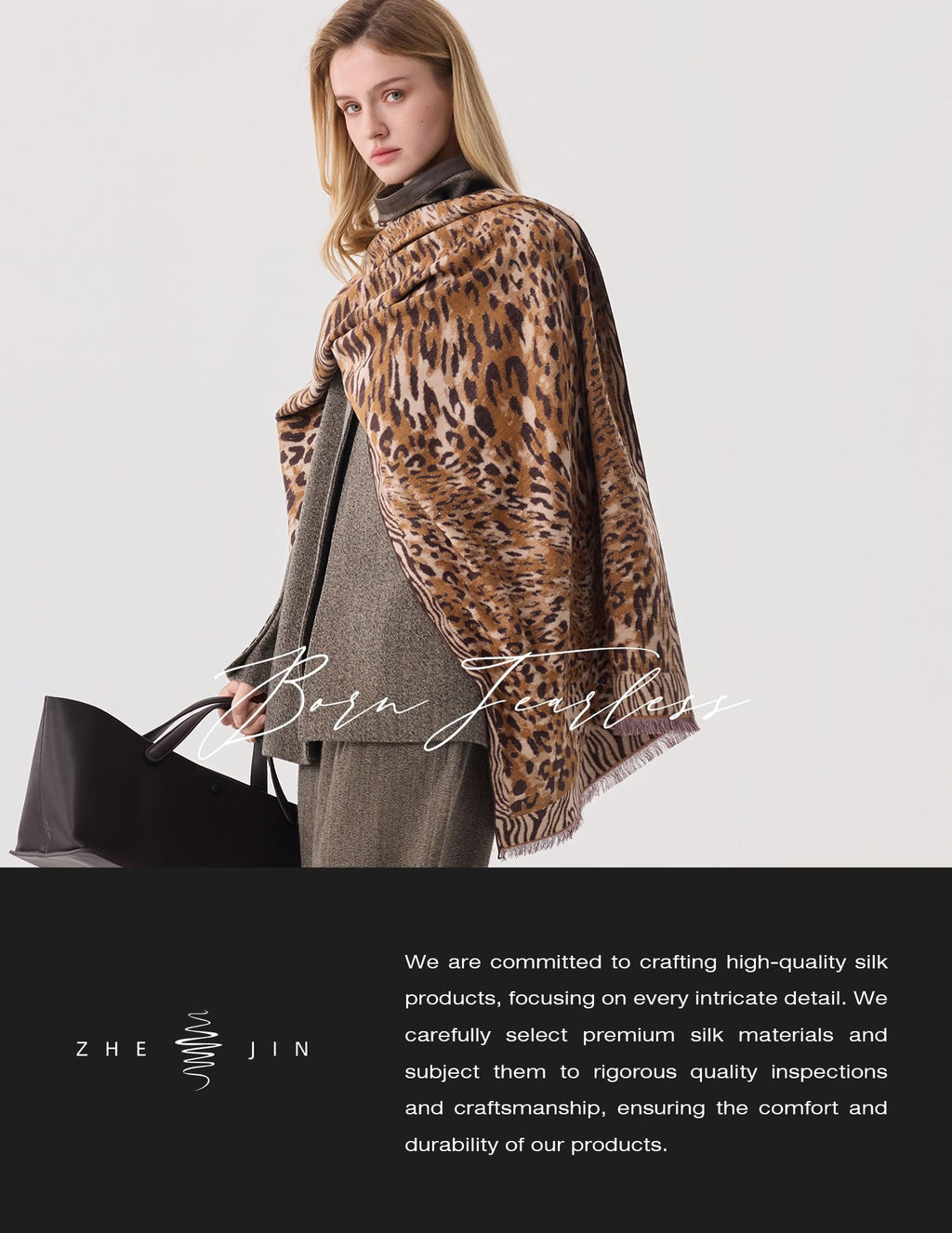 Born Fearless - Leopard Silk Scarf, 100% Brushed Mulberry Silk, Jacquard Reversible, 71"x24"