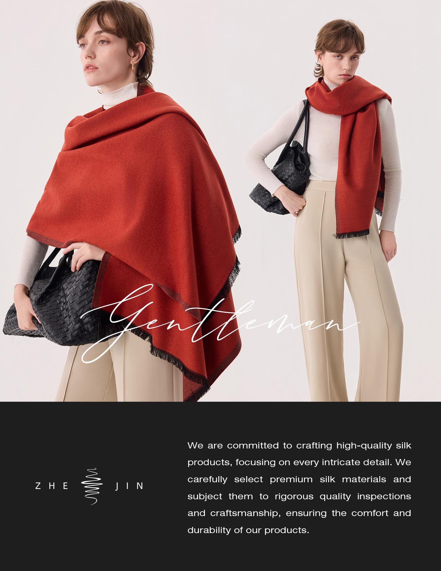 Gentleman Red Silk Scarf – 100% Mulberry Silk, Jacquard Reversible, 71"x24"