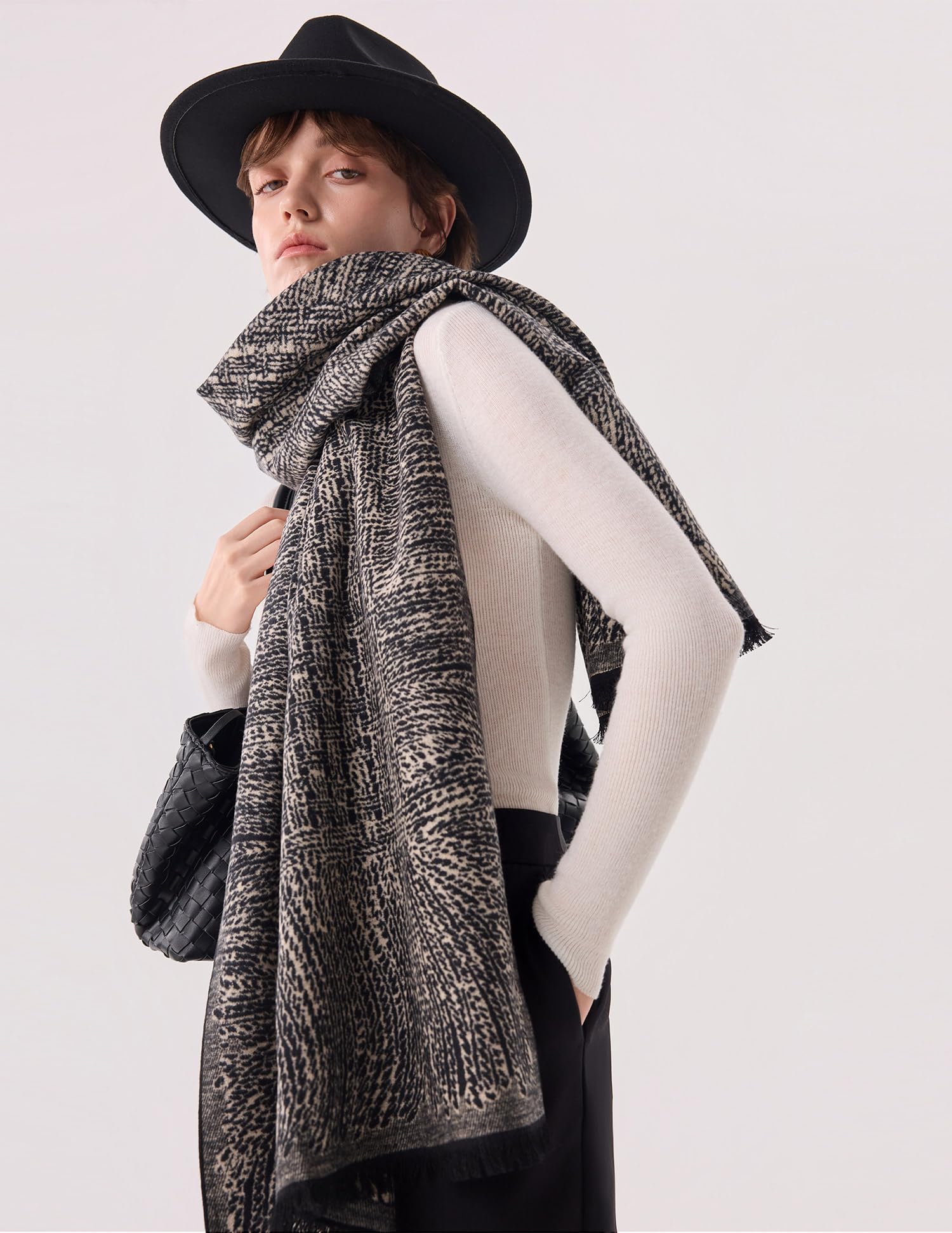 Cloud Stairs Black Silk Scarf – 100% Mulberry Silk, Jacquard Reversible, 71"x24"