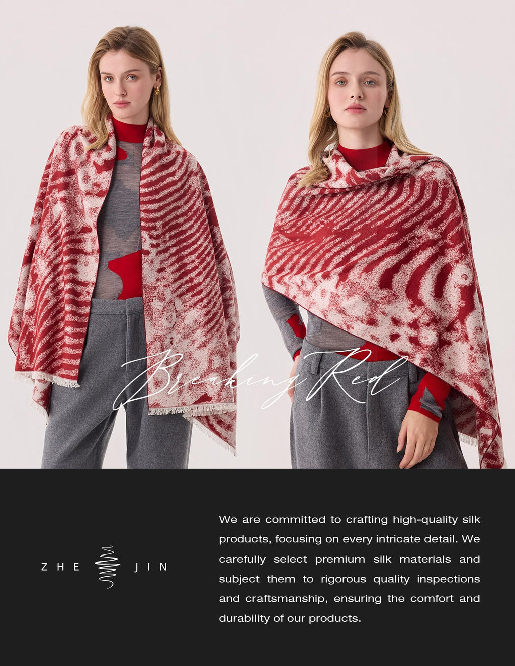 Breaking Red Jacquard Silk Scarf – 100% Mulberry Silk, Jacquard Reversible, 71"x24"