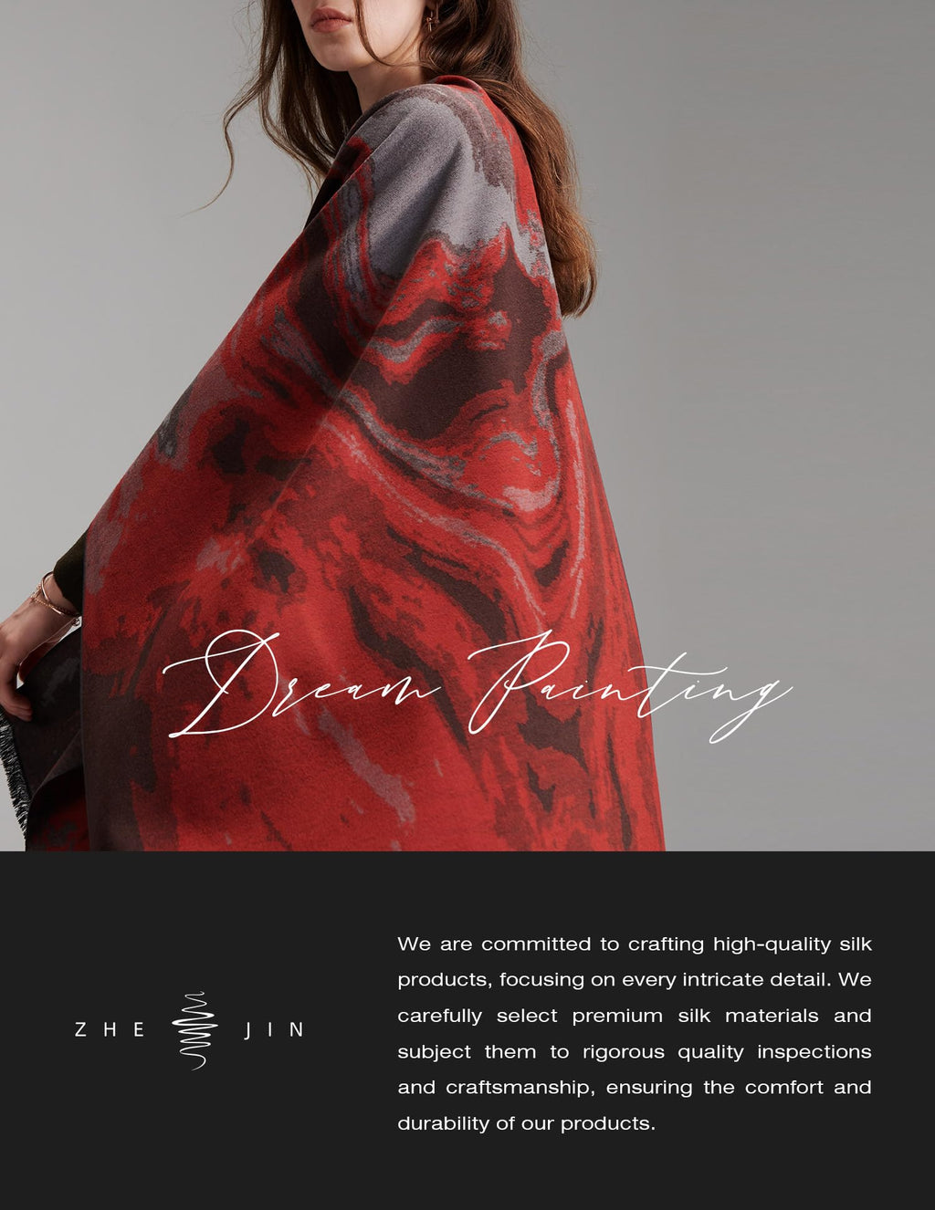 Dream Painting Red Silk Scarf – 100% Mulberry Silk, 71"x24"