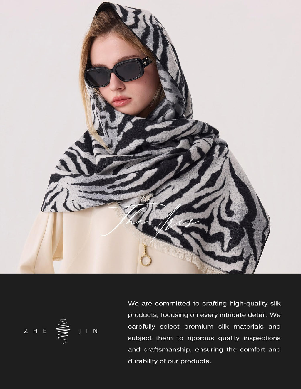 The Iris Zebra Silk Scarf – 100% Mulberry Silk, Jacquard Reversible, 71"x24"