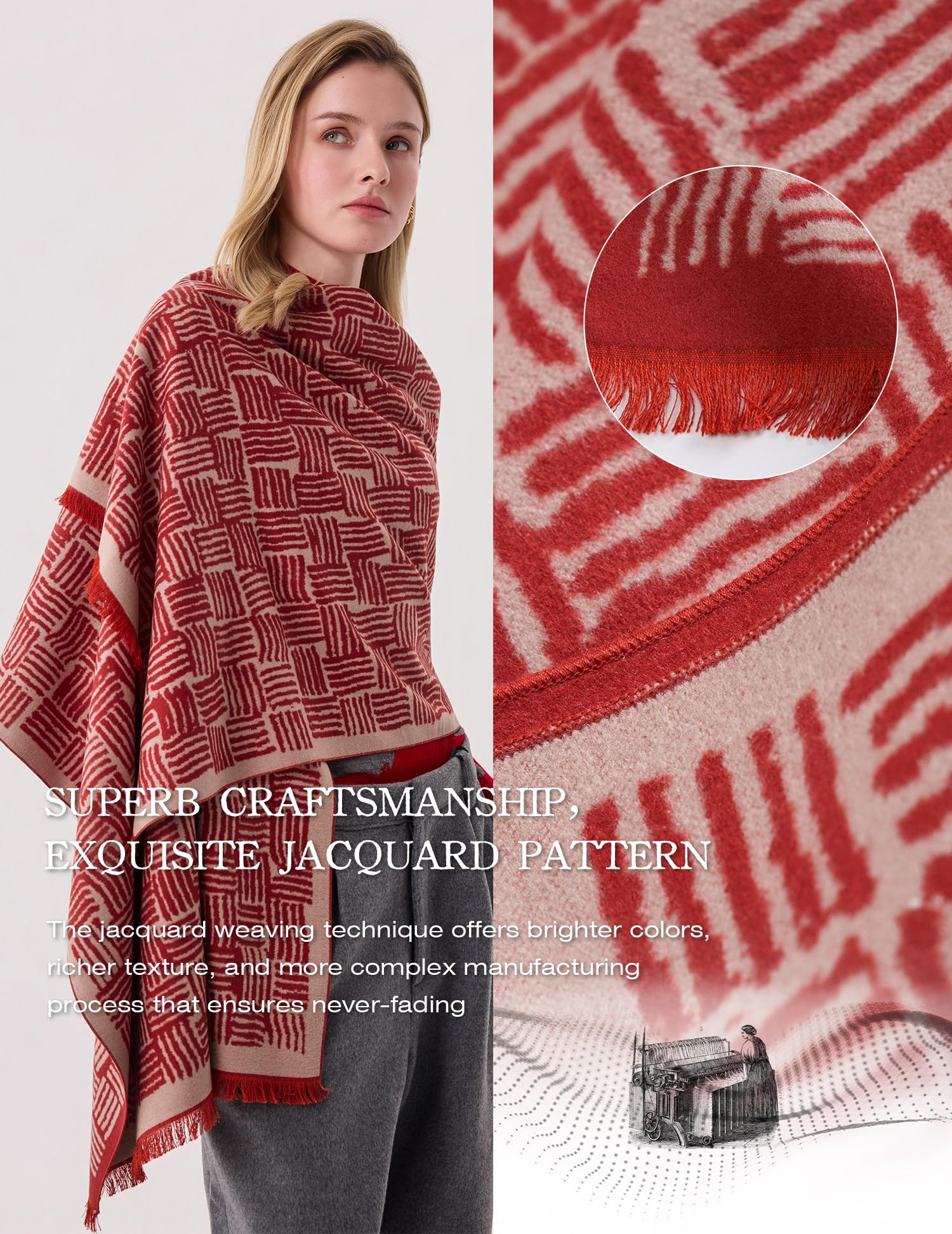 River Flow Red Silk Scarf – 100% Mulberry Silk, Jacquard Reversible, 71"x24"