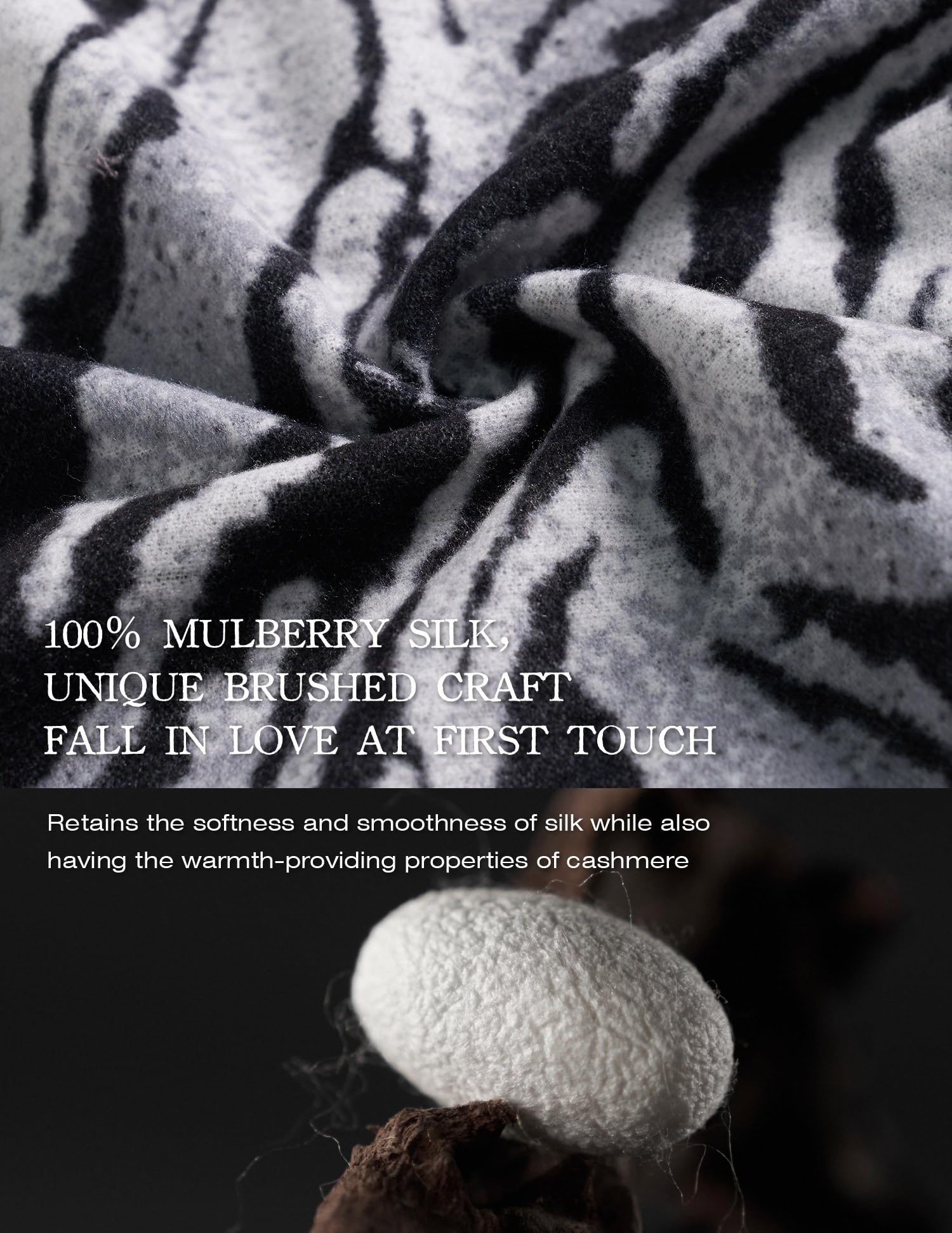 The Iris Zebra Silk Scarf – 100% Mulberry Silk, Jacquard Reversible, 71"x24"