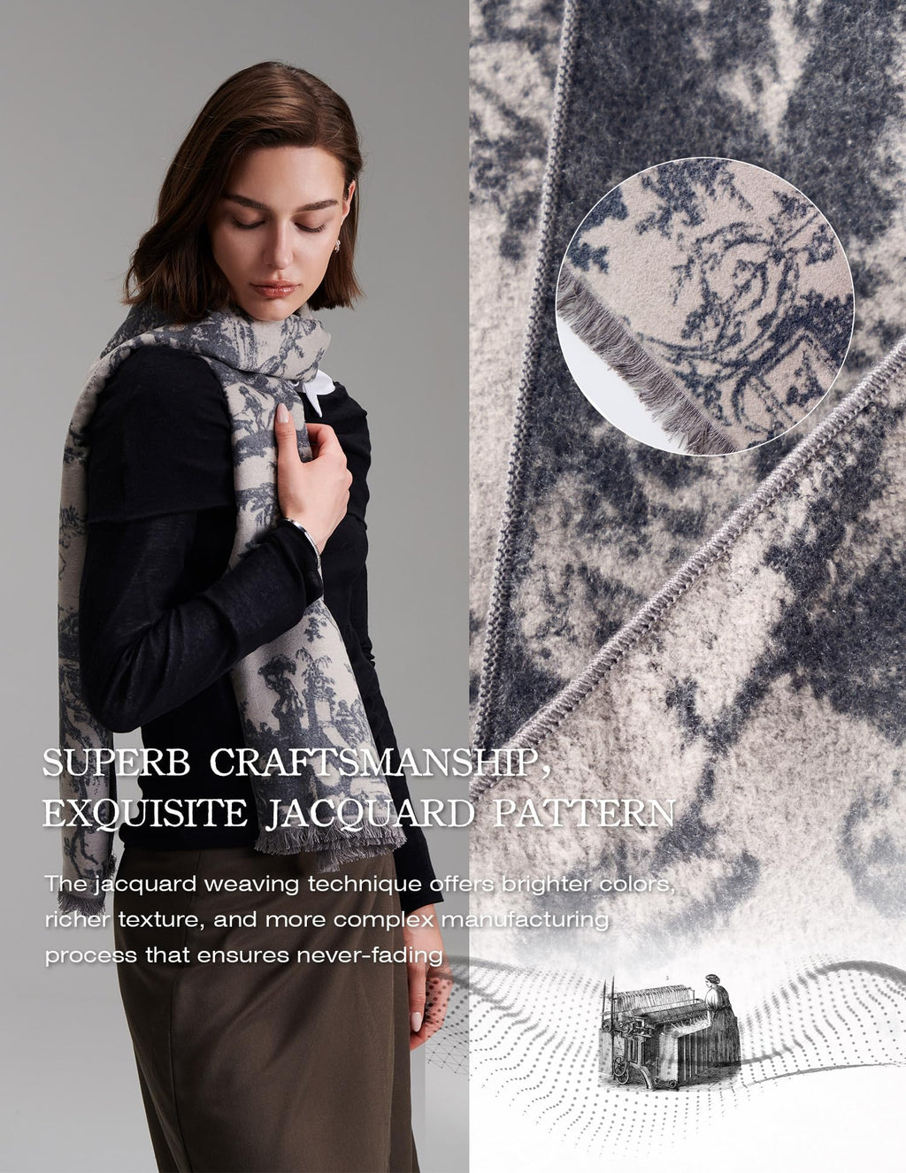 Delicate Dream Navy Silk Scarf – 100% Mulberry Silk, Jacquard Reversible, 71"x24"