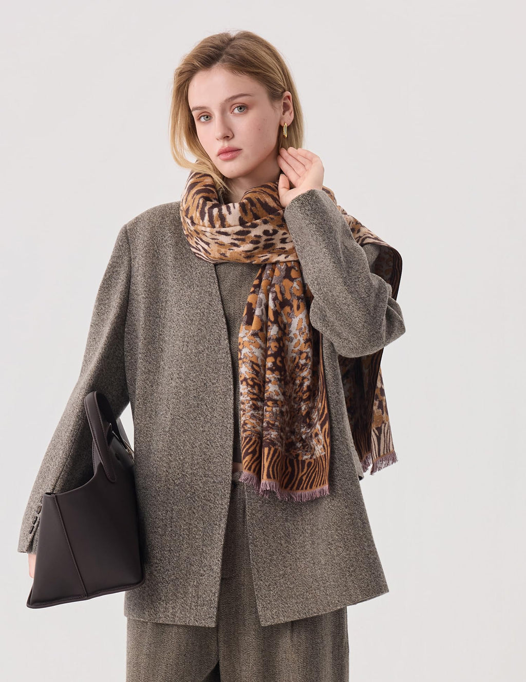 Born Fearless - Leopard Silk Scarf, 100% Brushed Mulberry Silk, Jacquard Reversible, 71"x24"