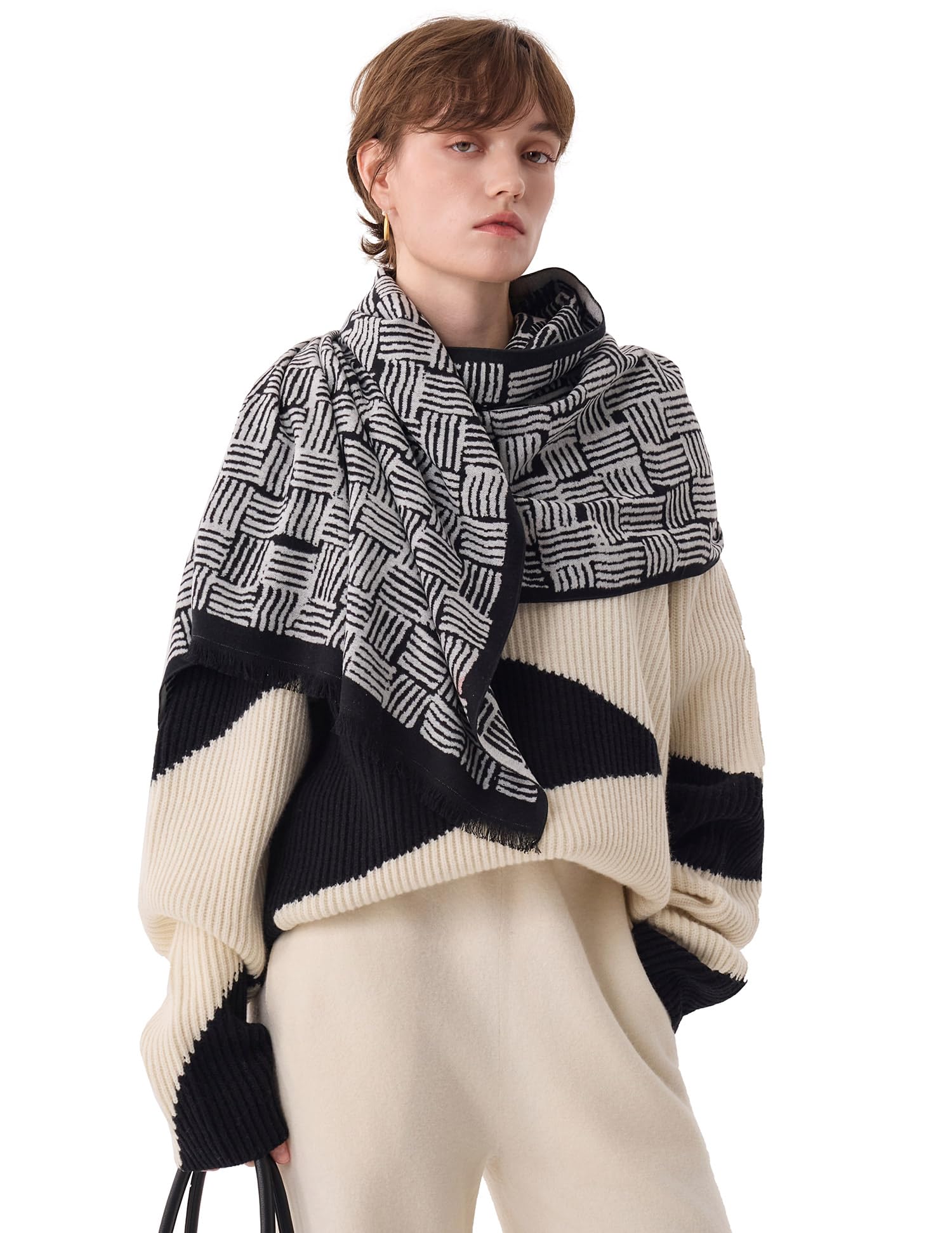 River Flow Black Silk Scarf – 100% Mulberry Silk, Jacquard Reversible, 71