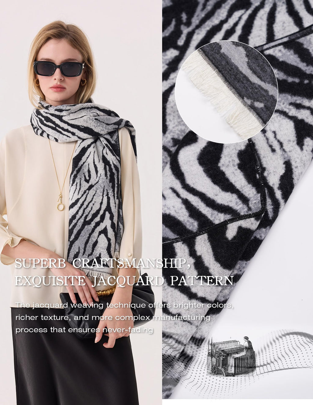 The Iris Zebra Silk Scarf – 100% Mulberry Silk, Jacquard Reversible, 71"x24"