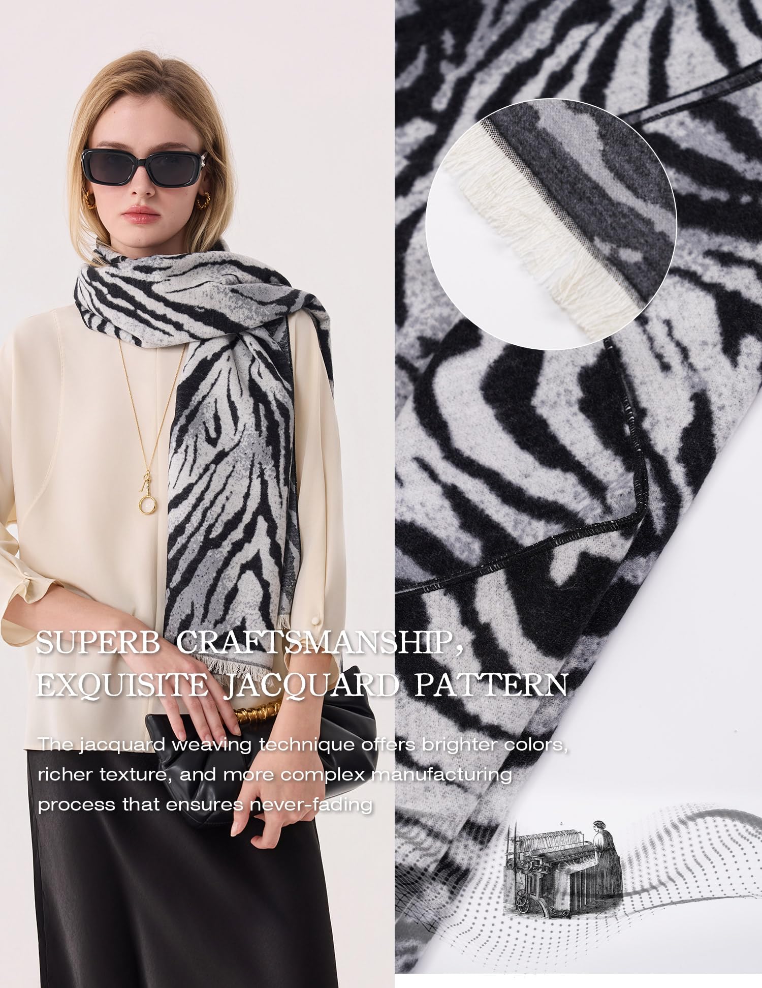 The Iris Zebra Silk Scarf – 100% Mulberry Silk, Jacquard Reversible, 71"x24"