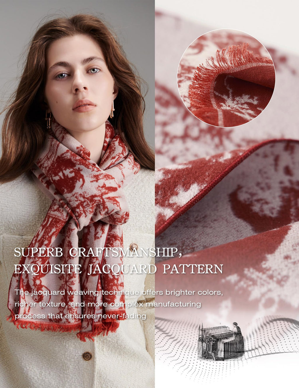 Delicate Dream Red Silk Scarf – 100% Mulberry Silk, Jacquard Reversible, 71"x24"
