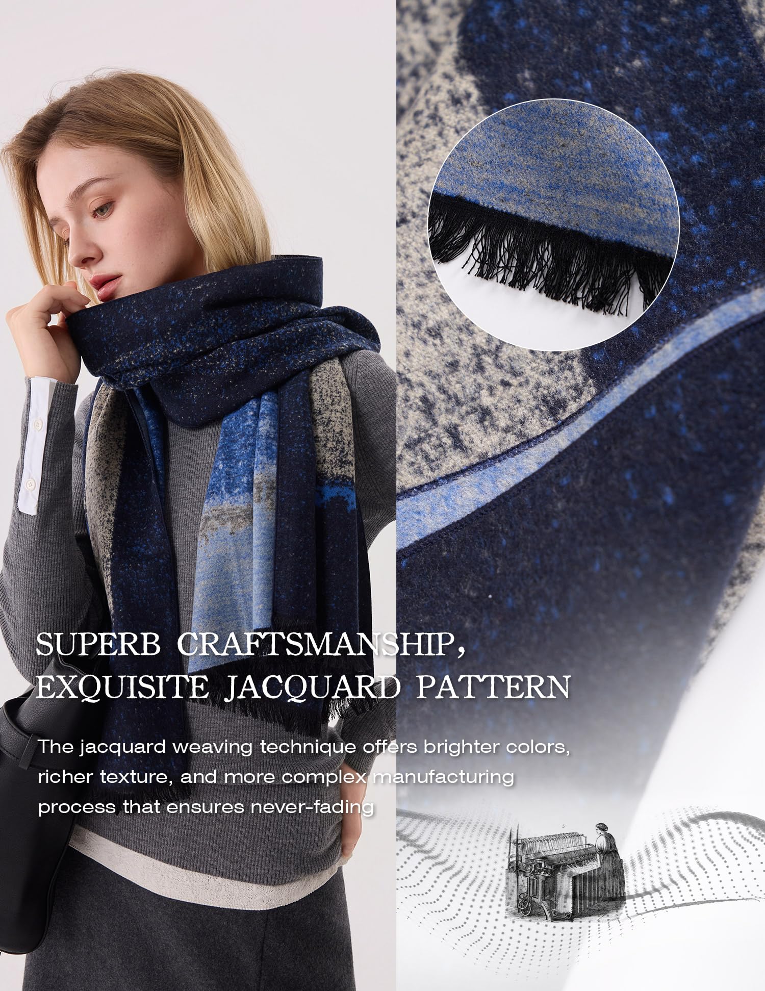 The Tide Blue Silk Scarf – 100% Mulberry Silk, Jacquard Reversible, 71
