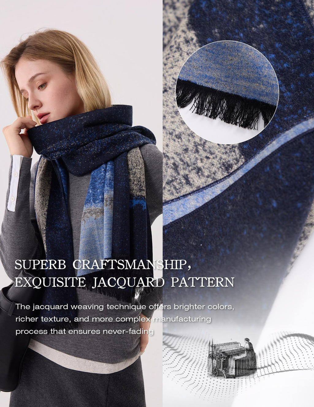 The Tide Blue Silk Scarf – 100% Mulberry Silk, Jacquard Reversible, 71"x24"