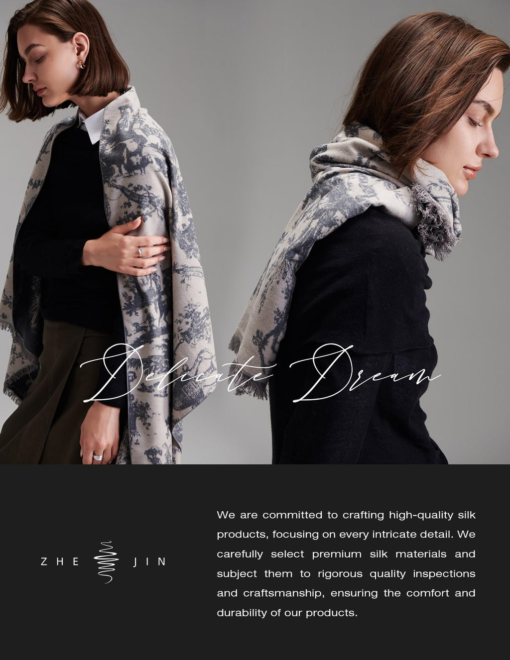 Delicate Dream Navy Silk Scarf – 100% Mulberry Silk, Jacquard Reversible, 71"x24"