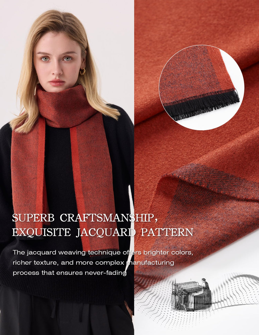 Red Jacquard Silk Scarf – 100% Mulberry Silk, Gentleman, 71"x12"