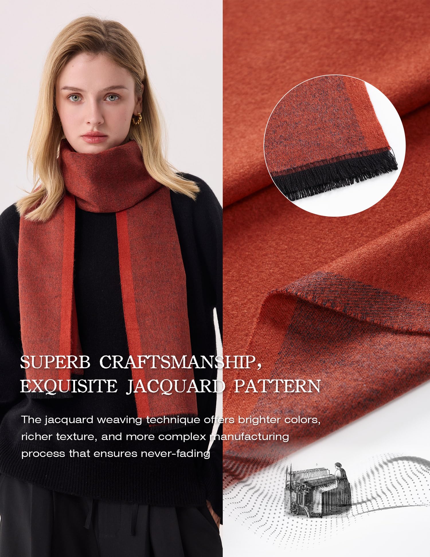 Red Jacquard Silk Scarf – 100% Mulberry Silk, Gentleman, 71"x12"