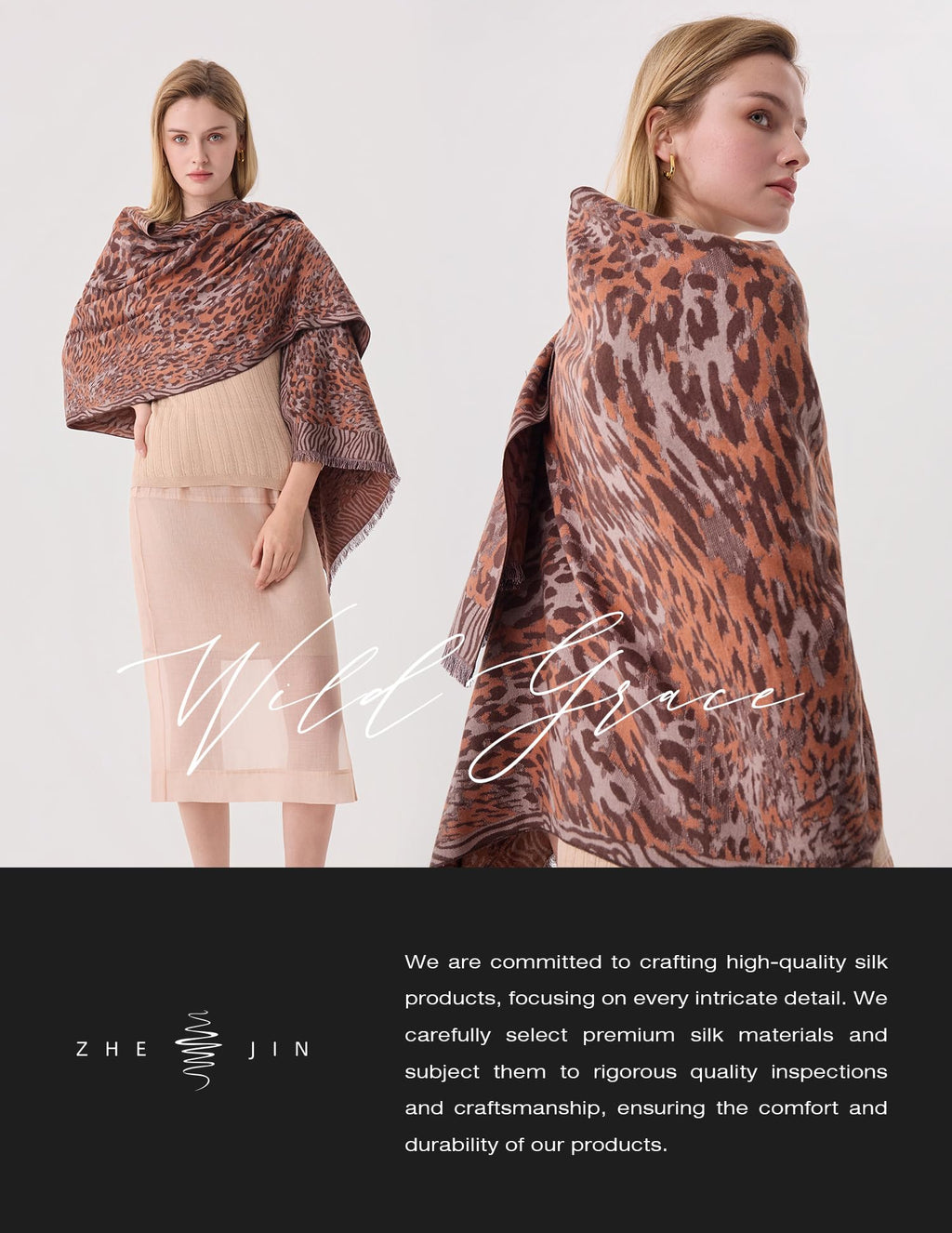 Wild Grace Leopard Silk Scarf – 100% Mulberry Silk, Jacquard Reversible, 71"x24"