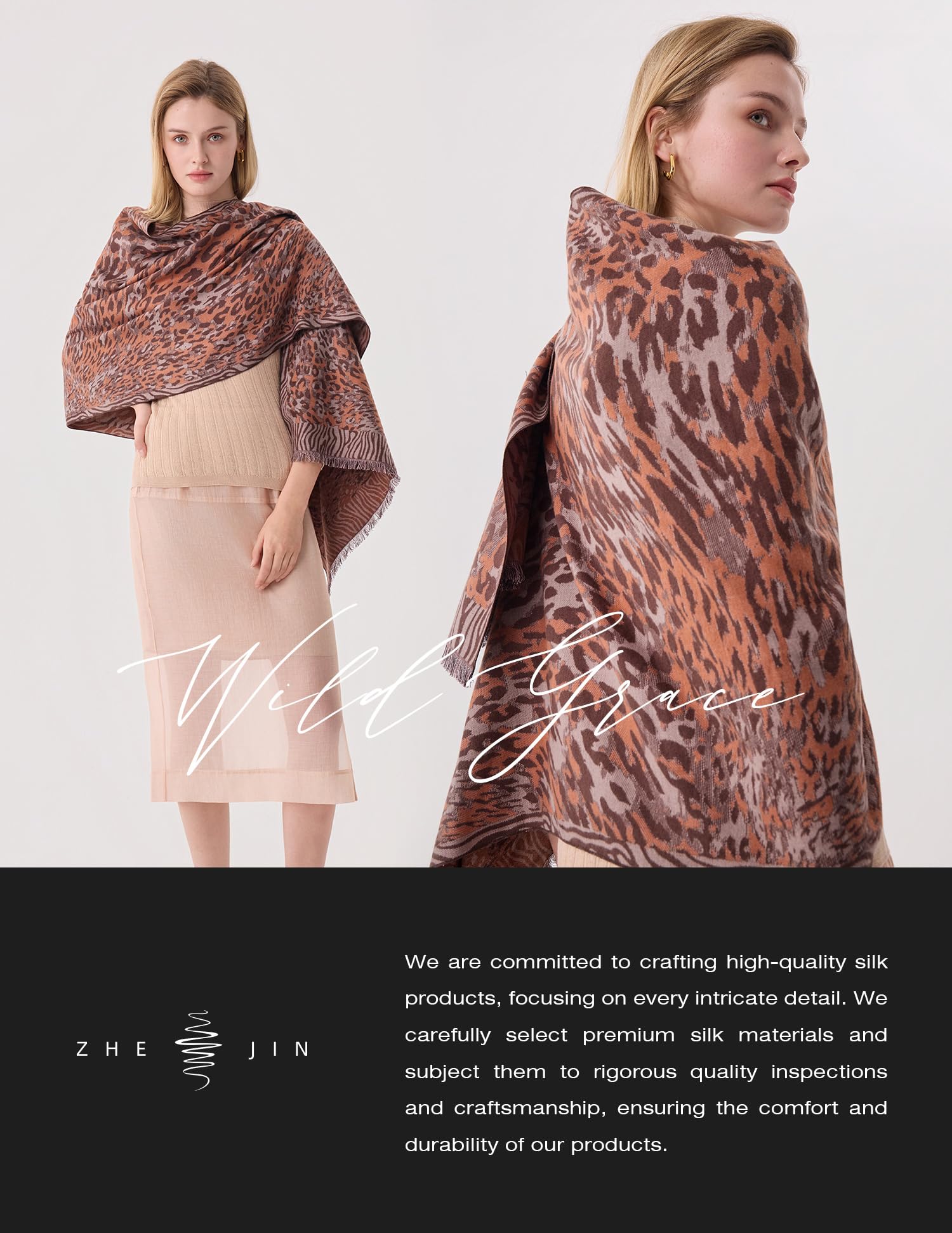 Wild Grace Leopard Silk Scarf – 100% Mulberry Silk, Jacquard Reversible, 71"x24"