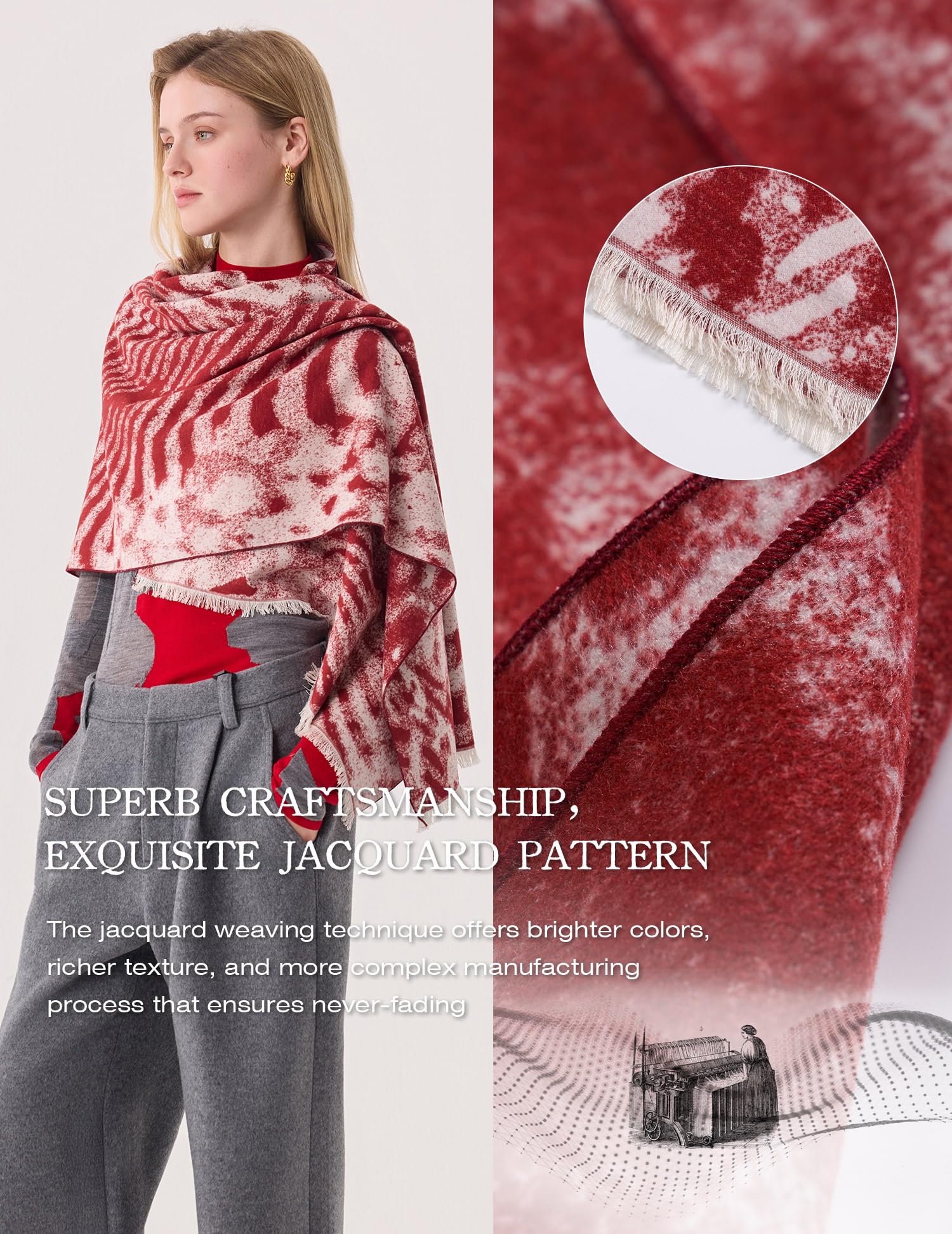 Breaking Red Jacquard Silk Scarf – 100% Mulberry Silk, Jacquard Reversible, 71"x24"