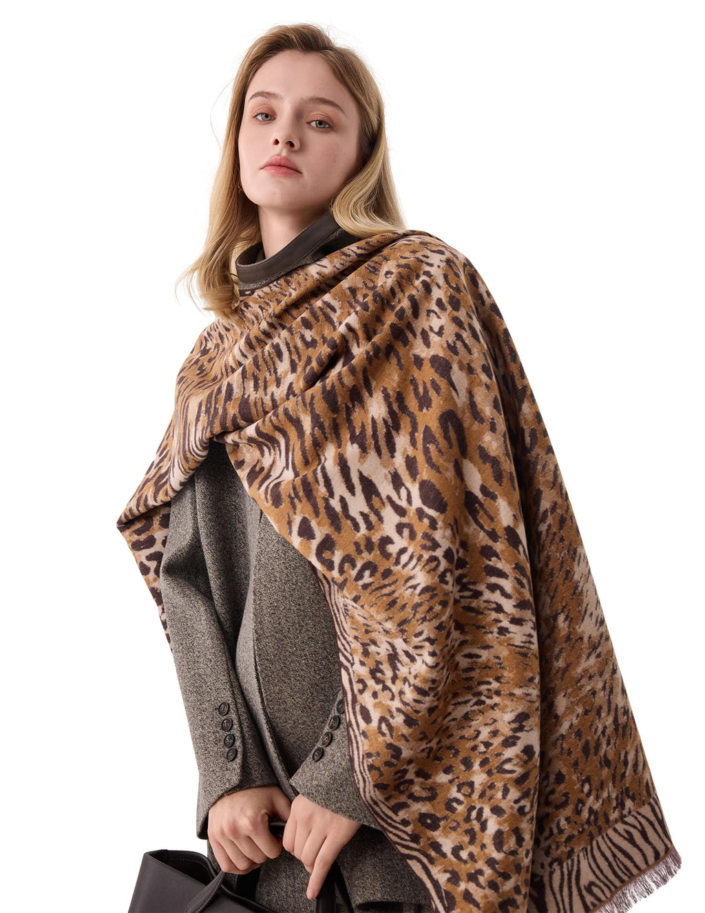 Born Fearless - Leopard Silk Scarf, 100% Brushed Mulberry Silk, Jacquard Reversible, 71"x24"