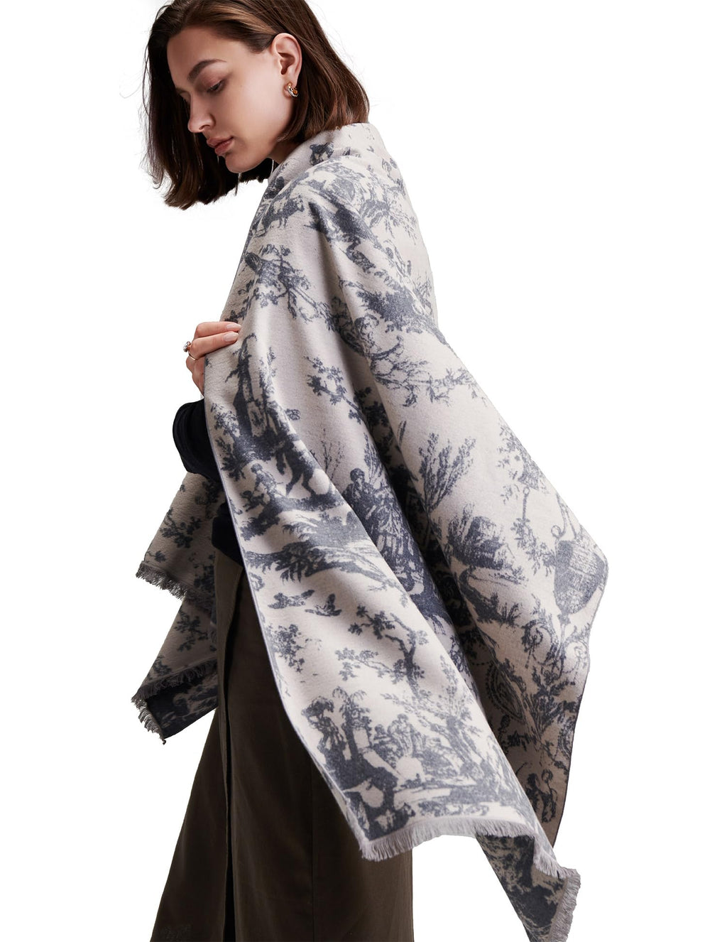 Delicate Dream Navy Silk Scarf – 100% Mulberry Silk, Jacquard Reversible, 71"x24"
