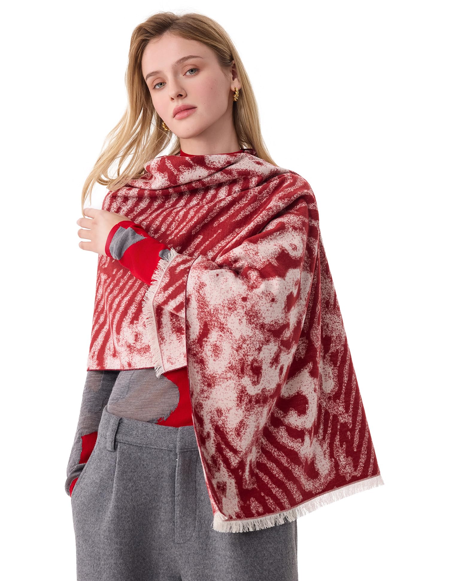 Breaking Red Jacquard Silk Scarf – 100% Mulberry Silk, Jacquard Reversible, 71"x24"