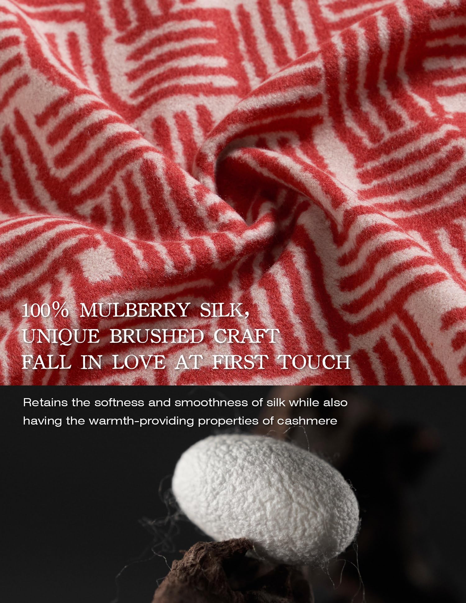 River Flow Red Silk Scarf – 100% Mulberry Silk, Jacquard Reversible, 71