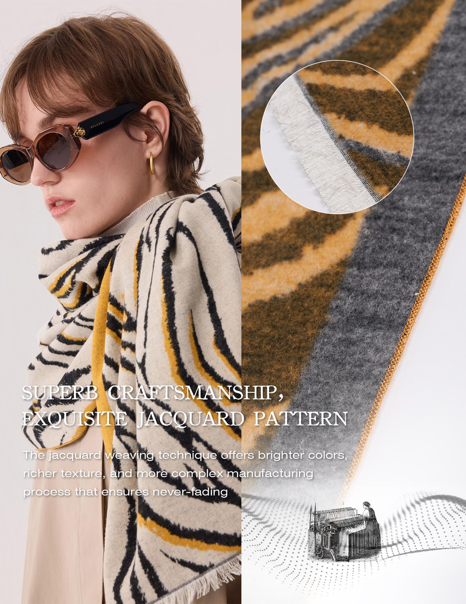The Wild Zebra Silk Scarf – 100% Mulberry Silk, Jacquard Reversible, 71"x24"