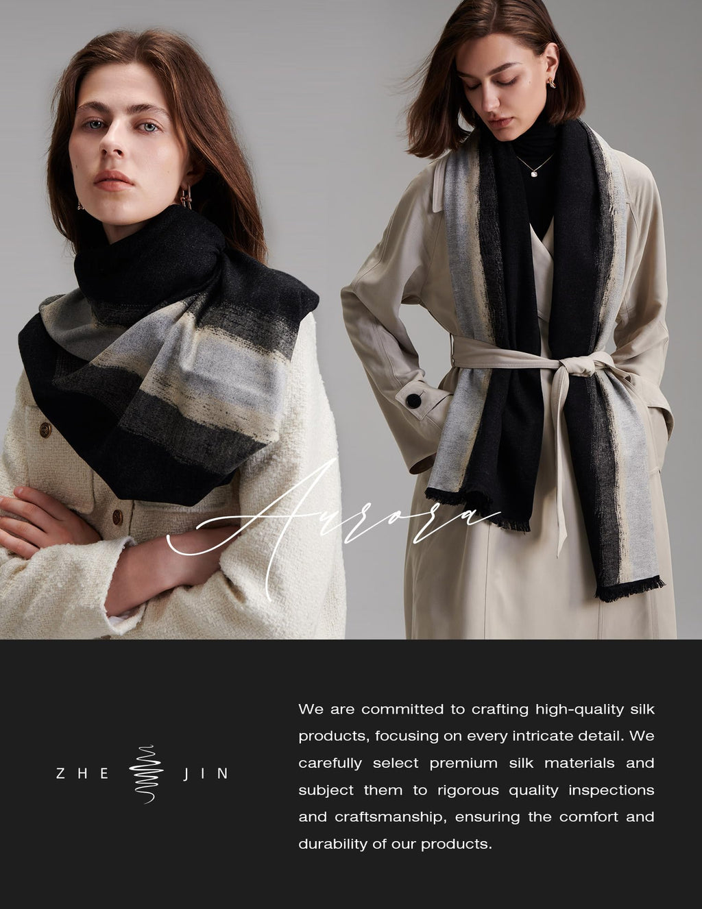 Aurora Black Silk Scarf – 100% Mulberry Silk, Jacquard Reversible, 71"x24"