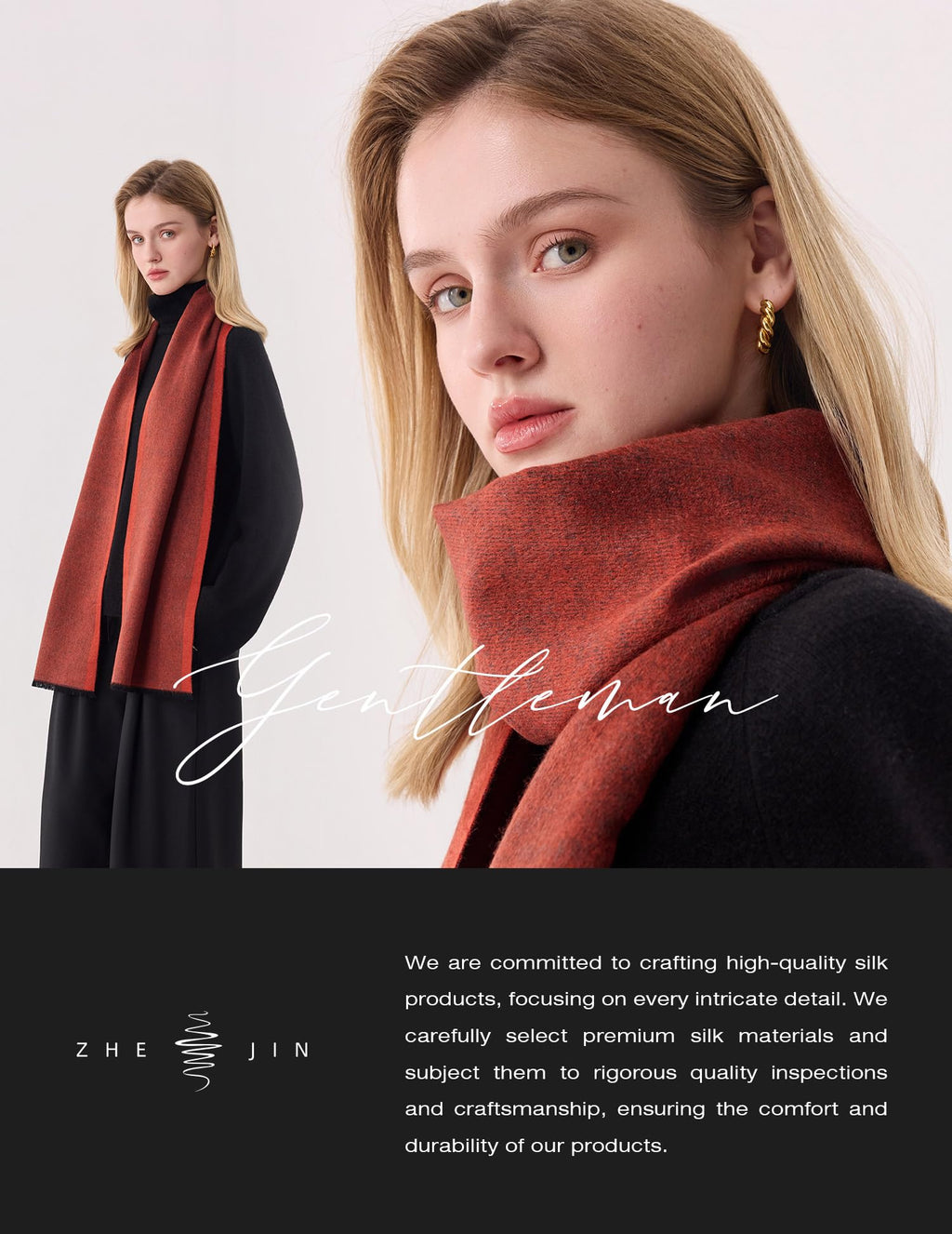 Red Jacquard Silk Scarf – 100% Mulberry Silk, Gentleman, 71"x12"