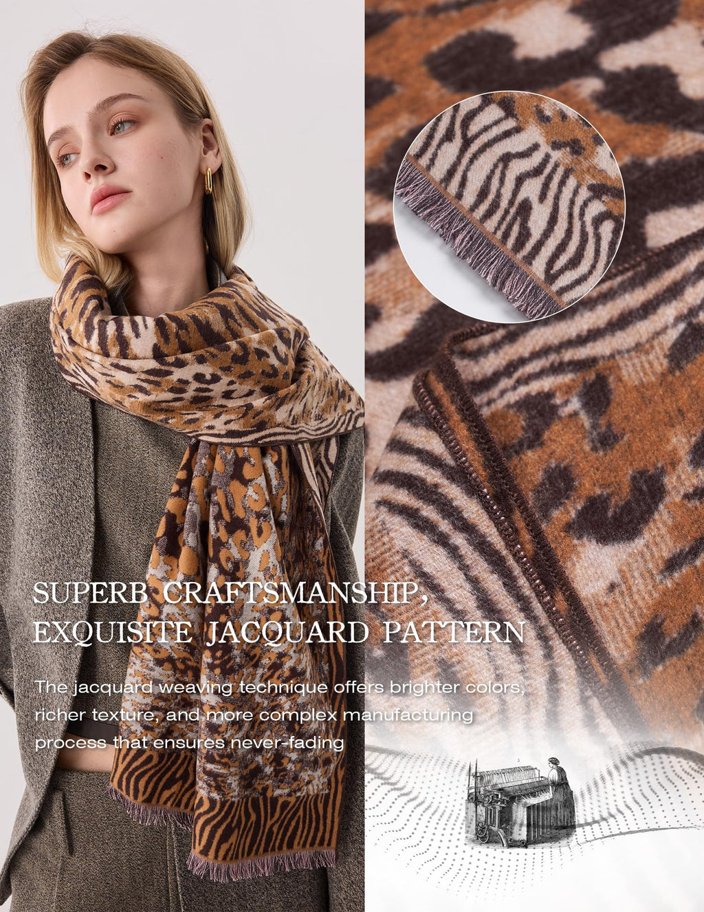 Born Fearless - Leopard Silk Scarf, 100% Brushed Mulberry Silk, Jacquard Reversible, 71"x24"