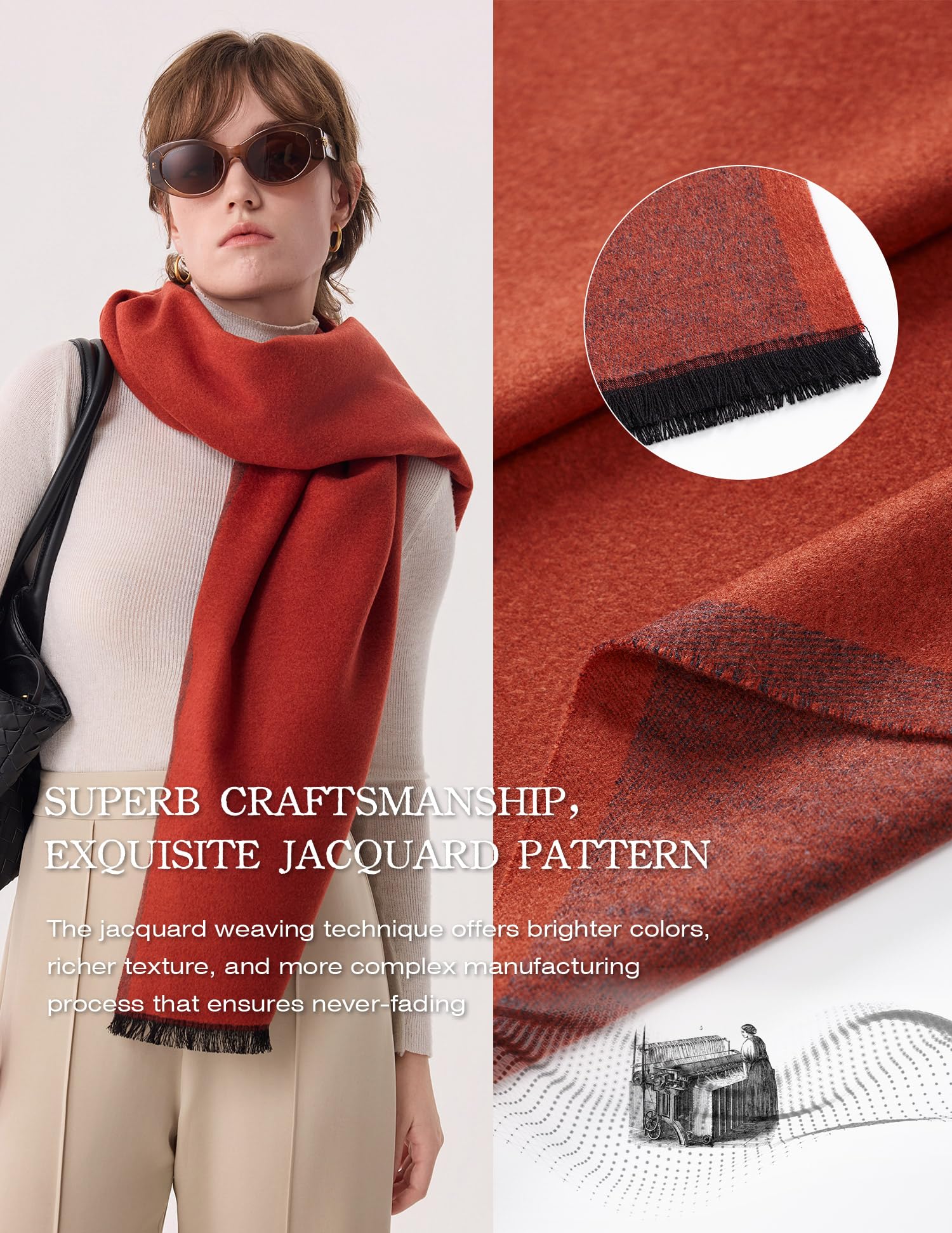 Gentleman Red Silk Scarf – 100% Mulberry Silk, Jacquard Reversible, 71"x24"