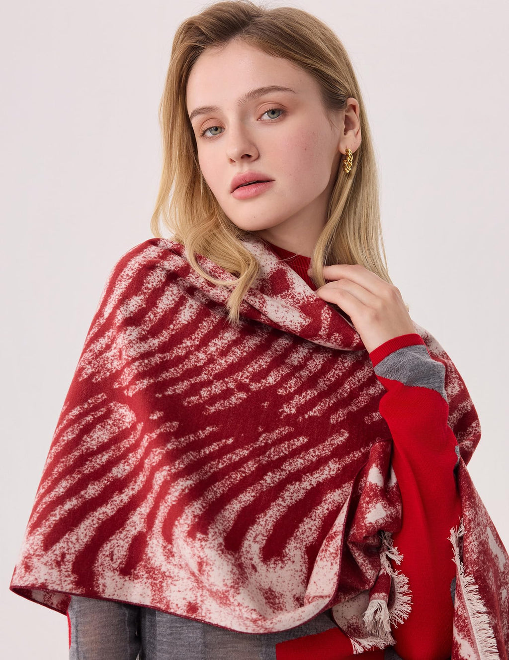 Breaking Red Jacquard Silk Scarf – 100% Mulberry Silk, Jacquard Reversible, 71"x24"