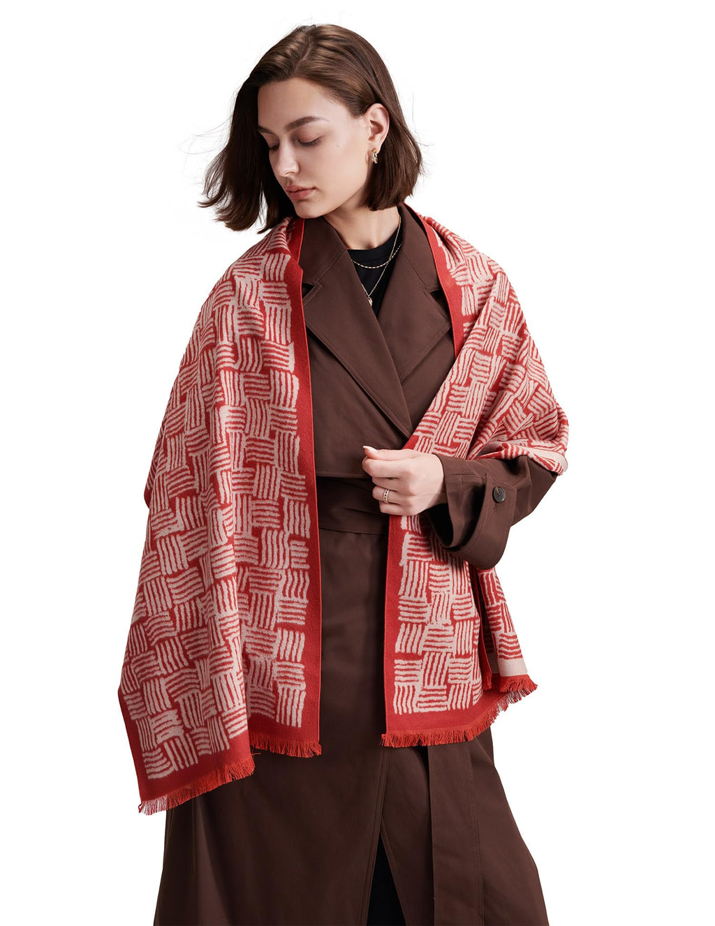 River Flow Red Silk Scarf – 100% Mulberry Silk, Jacquard Reversible, 71"x24"
